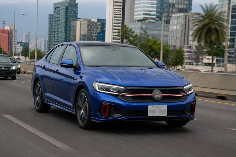 Blue sedan driving on an urban highway with city skyline and palm trees in the background